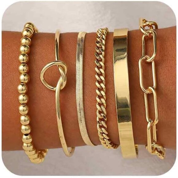 Trendy 14K Gold 6-Piece Stackable Bracelet Set Waterproof & Hypoallergenic - Picture 1 of 8